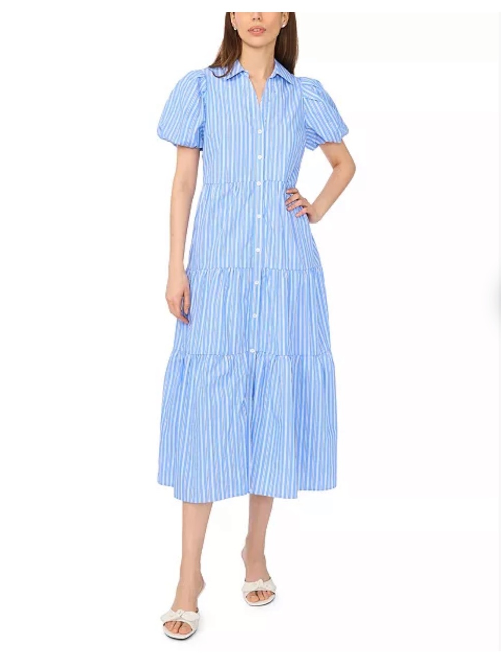 CeCe Short-Sleeve Collared Midi Tiered Cotton Shirt-Dress